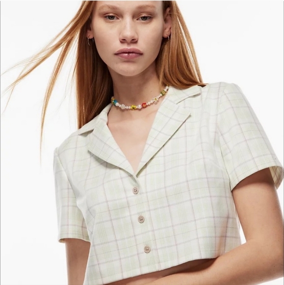 Sunday Best Tops - Aritzia Sunday Best - Green Plaid Tuesday Crop Button Notch Collar - Size M